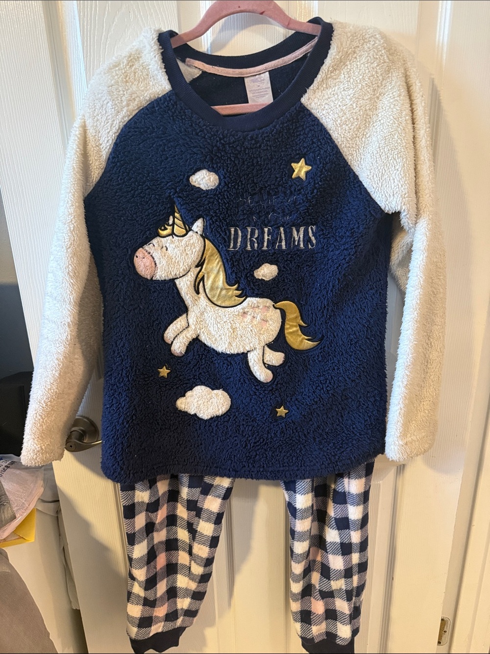 BELIEVE IN YOUR DREAMS ~Secret Treasures Plush Unicorn Pajama Set - Navy & Cream